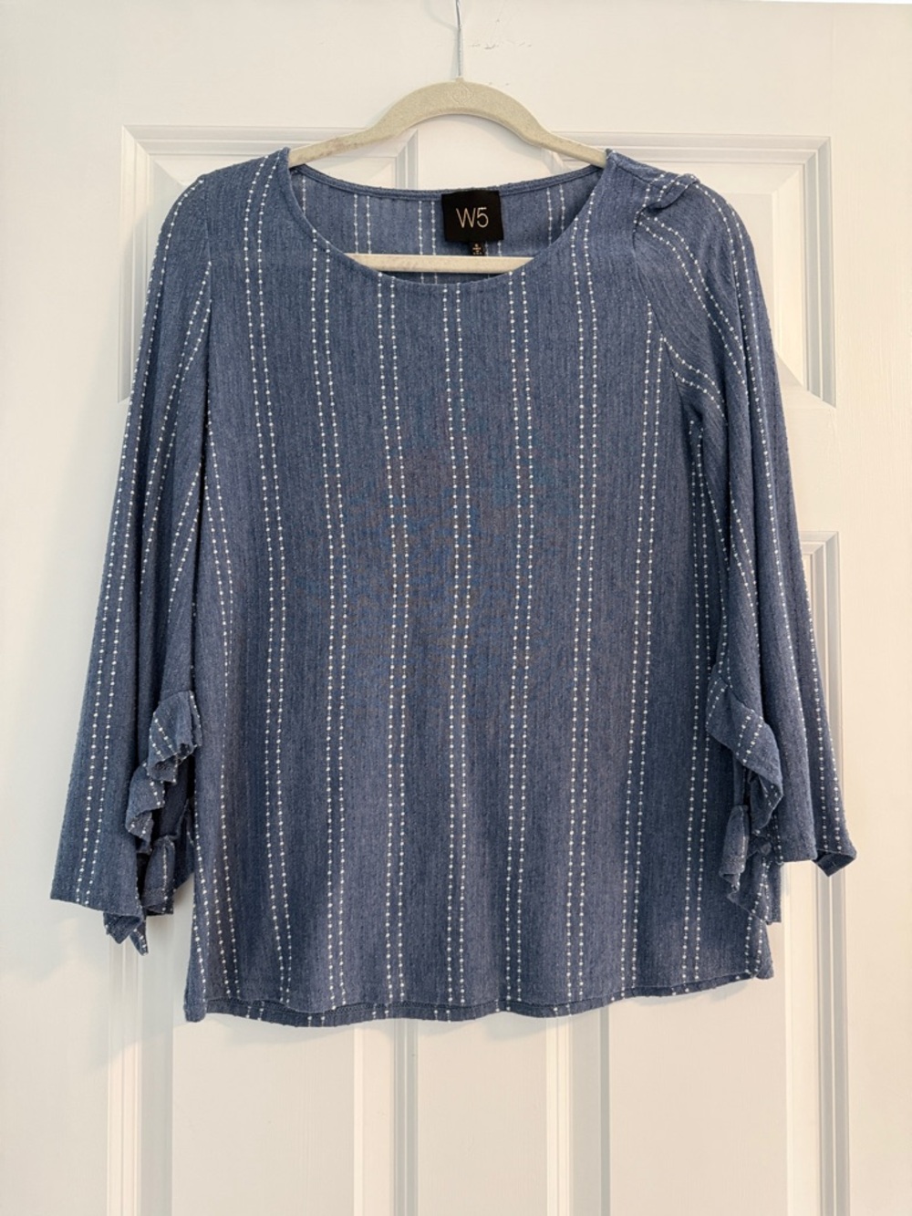W5 Blue Pinstripe Ruffle-Sleeve Blouse